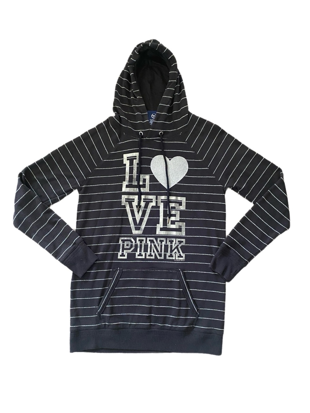 Victoria's Secret PINK Striped Glitter "LOVE PINK" Pullover Long Hoodie Size L